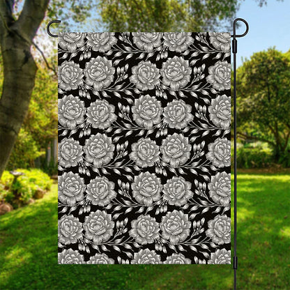 Vintage Black And White Floral Print Garden Flag