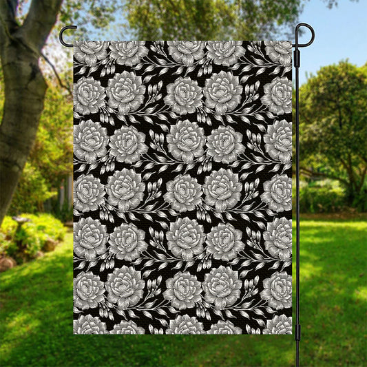 Vintage Black And White Floral Print Garden Flag