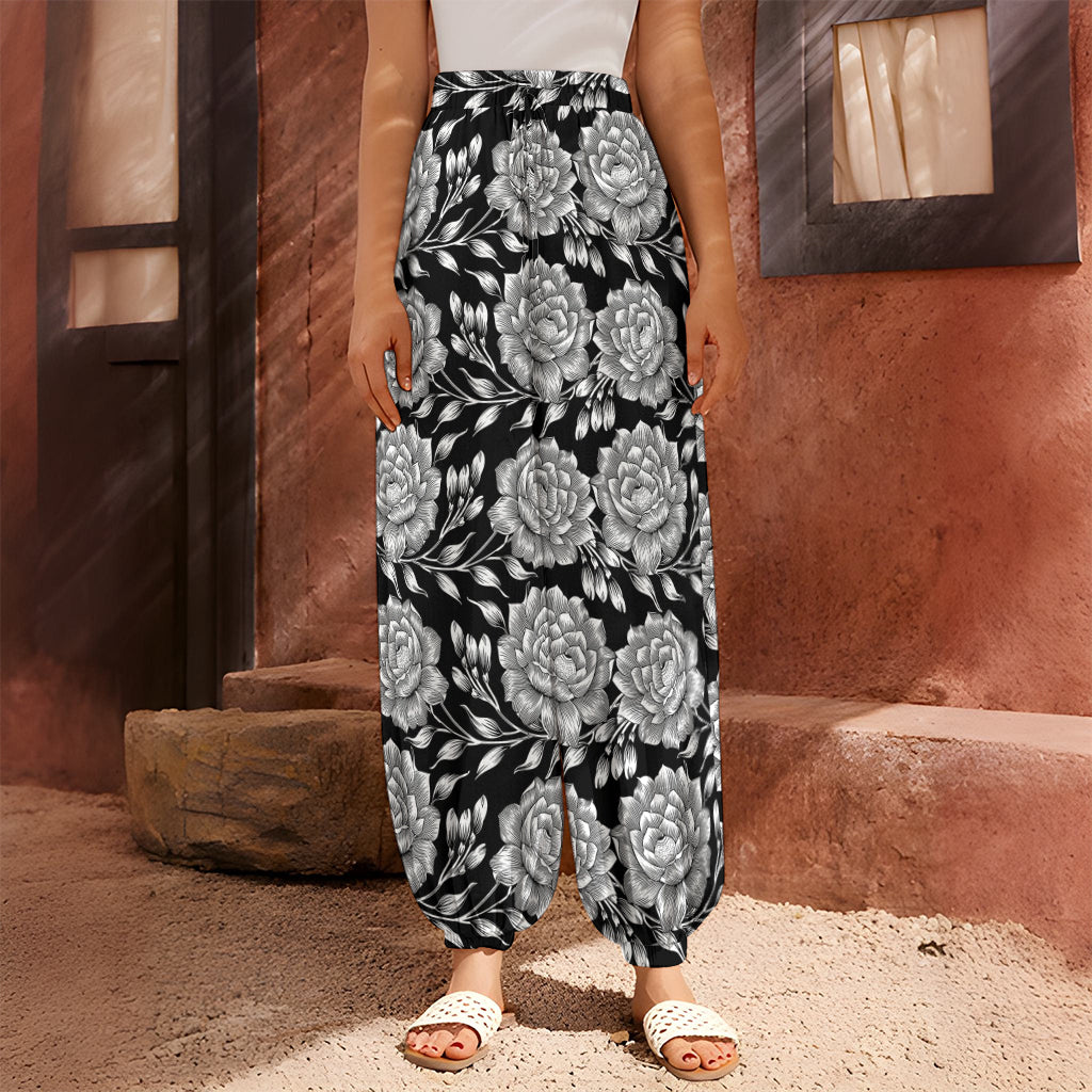 Vintage Black And White Floral Print Harem Pants