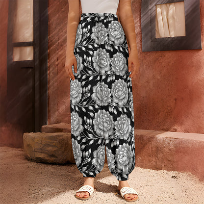 Vintage Black And White Floral Print Harem Pants