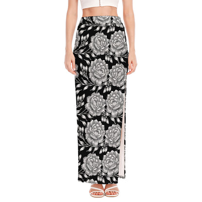 Vintage Black And White Floral Print High Slit Maxi Skirt