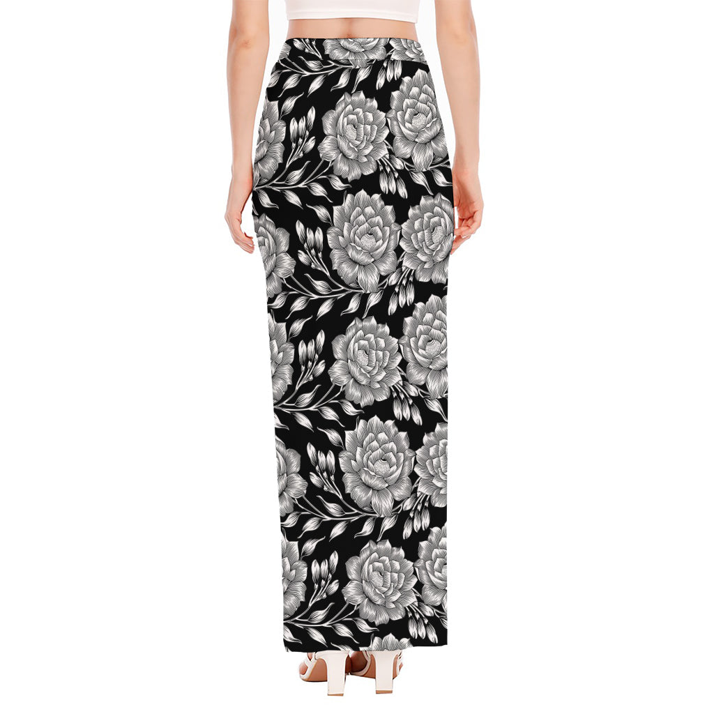 Vintage Black And White Floral Print High Slit Maxi Skirt
