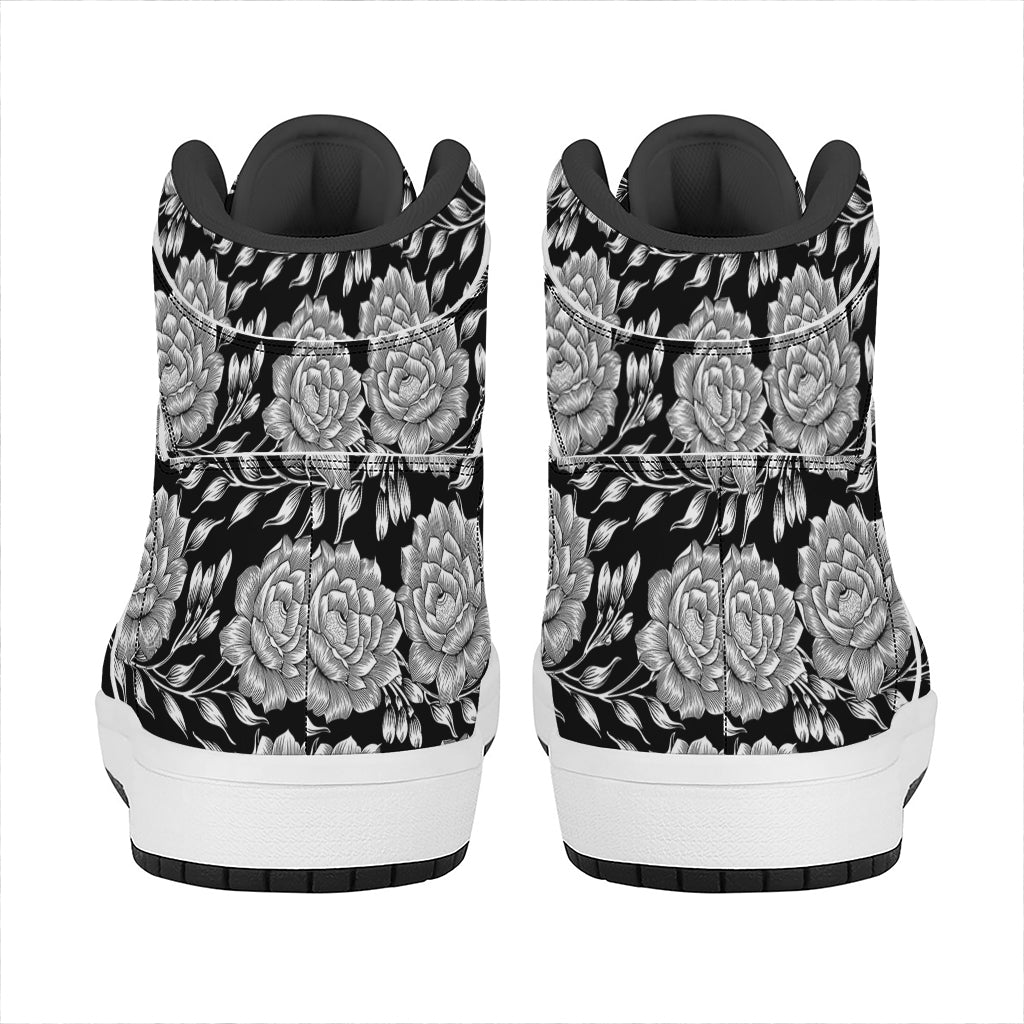 Vintage Black And White Floral Print High Top Leather Sneakers