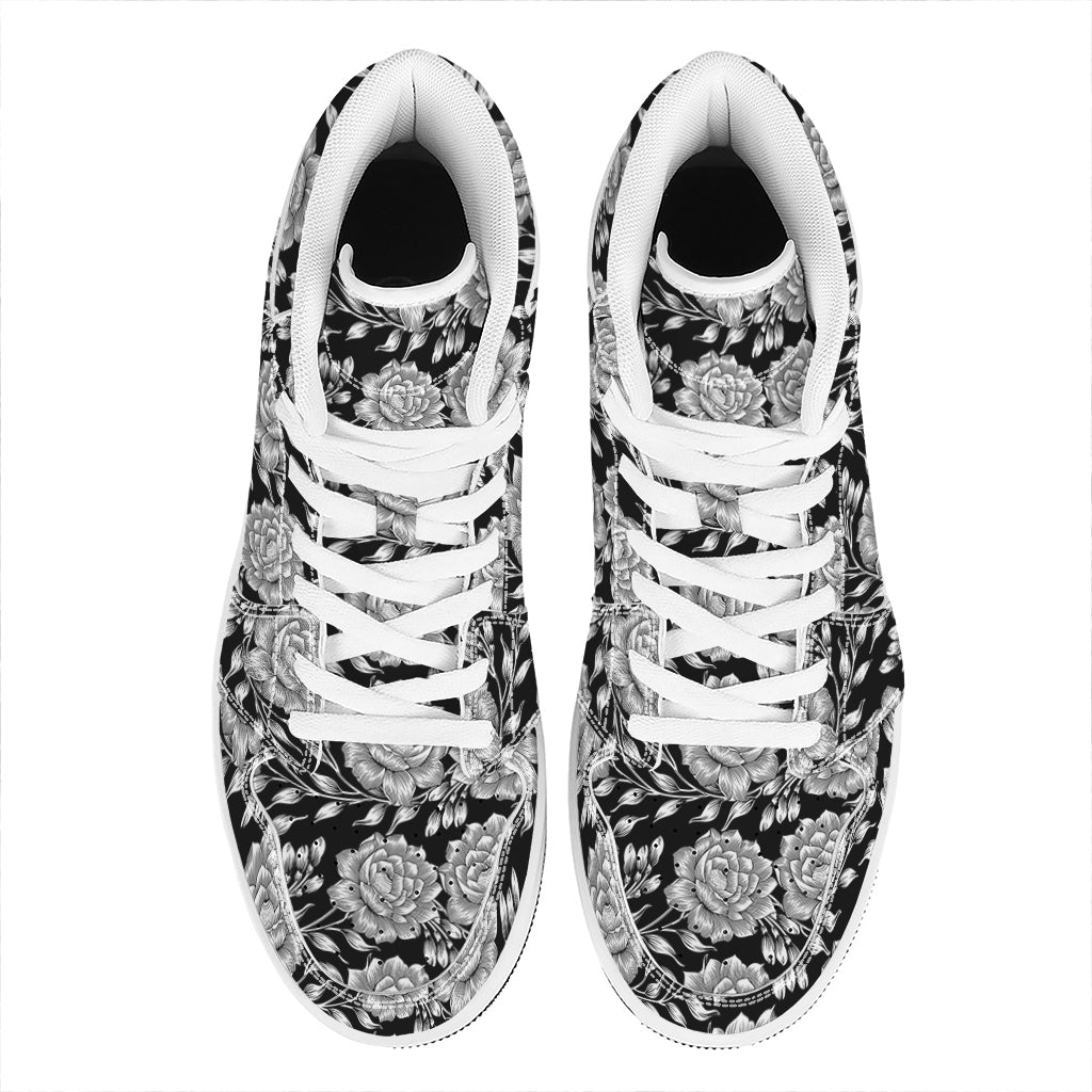 Vintage Black And White Floral Print High Top Leather Sneakers