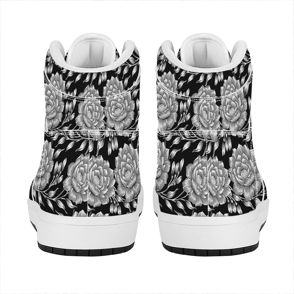 Vintage Black And White Floral Print High Top Leather Sneakers