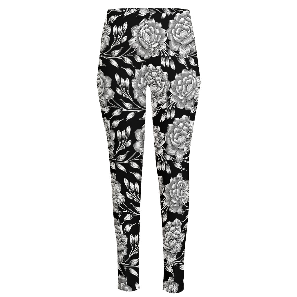 Vintage Black And White Floral Print High-Waisted Pocket Leggings