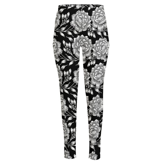 Vintage Black And White Floral Print High-Waisted Pocket Leggings