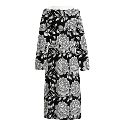 Vintage Black And White Floral Print Hooded Bathrobe