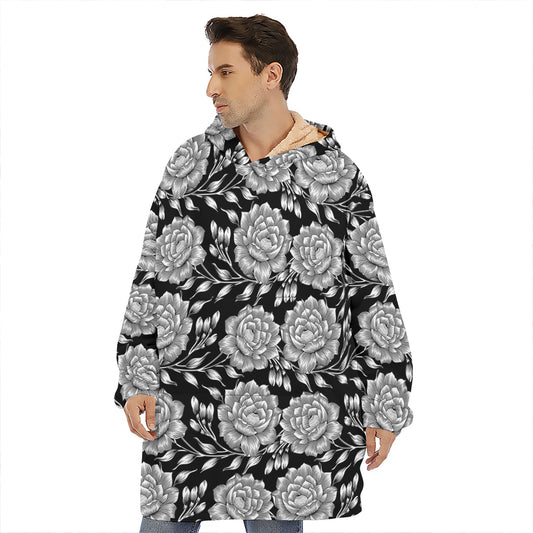 Vintage Black And White Floral Print Hoodie Blanket