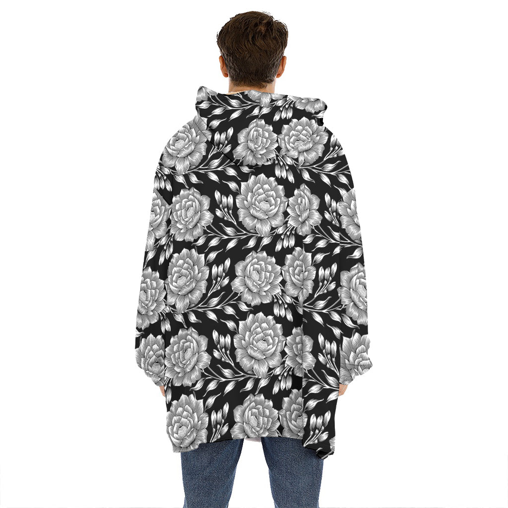 Vintage Black And White Floral Print Hoodie Blanket