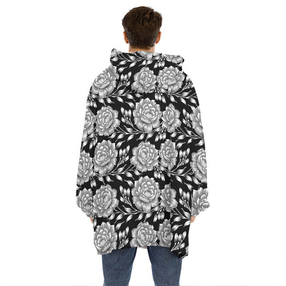 Vintage Black And White Floral Print Hoodie Blanket