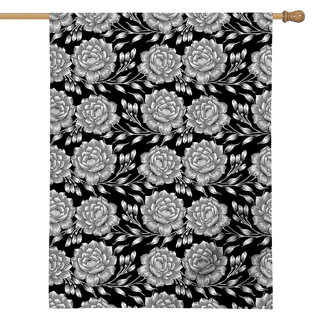 Vintage Black And White Floral Print House Flag