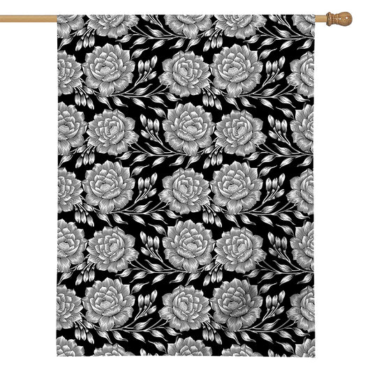 Vintage Black And White Floral Print House Flag