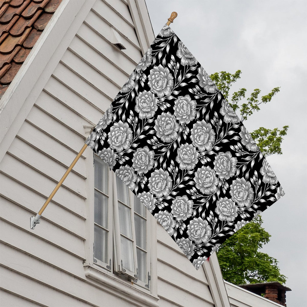 Vintage Black And White Floral Print House Flag