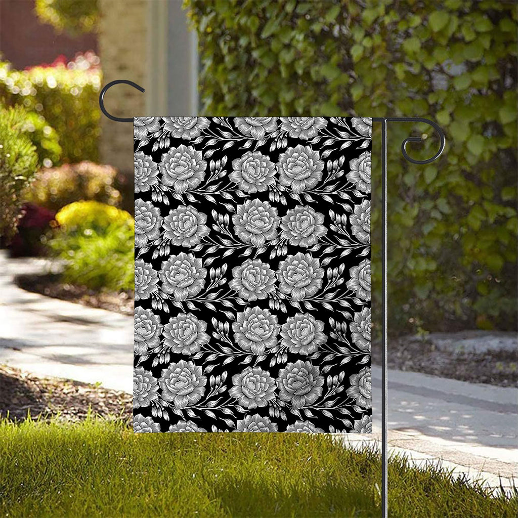 Vintage Black And White Floral Print House Flag