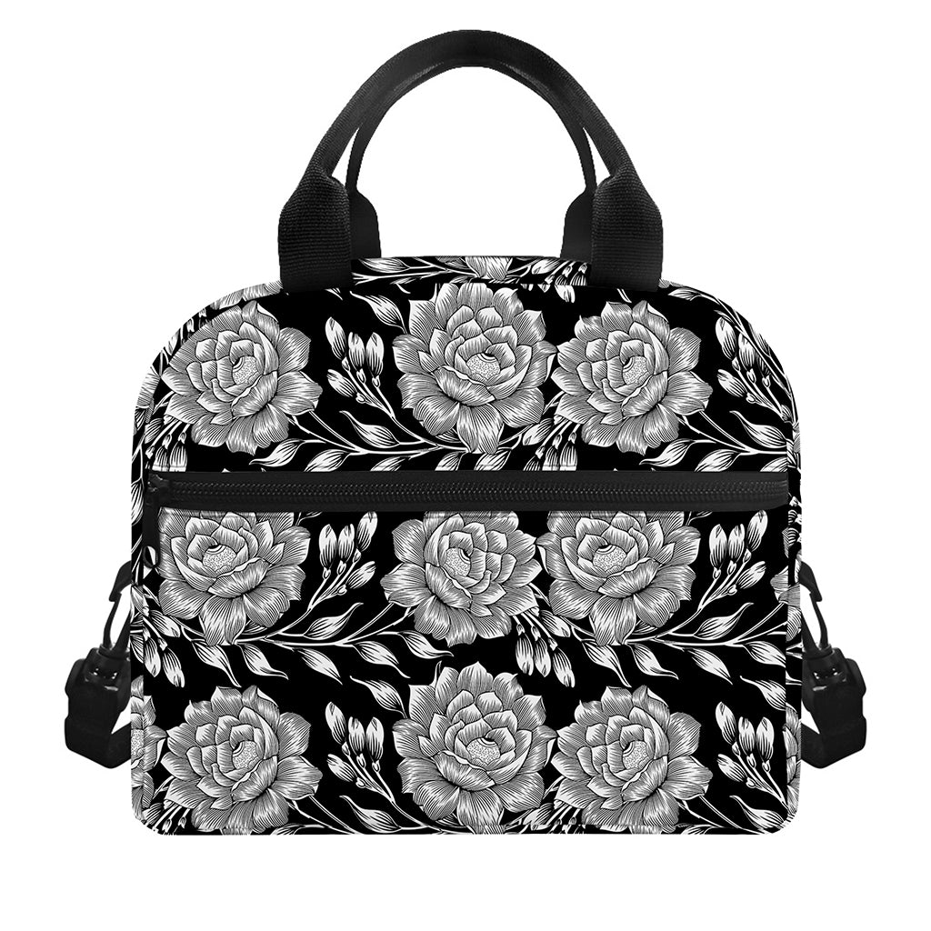 Vintage Black And White Floral Print Insulated Lunch Bag