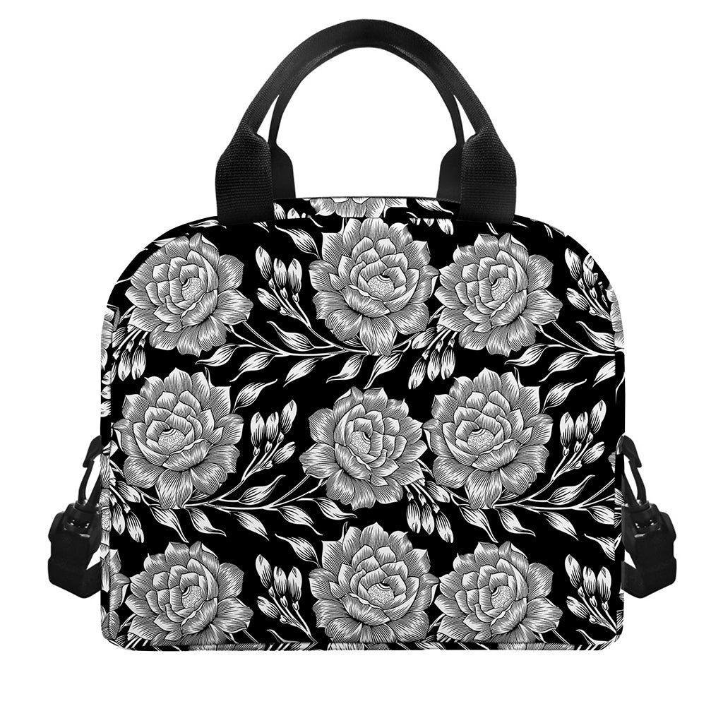 Vintage Black And White Floral Print Insulated Lunch Bag