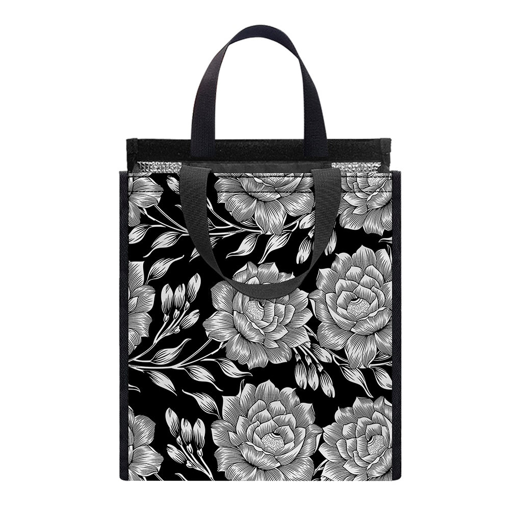 Vintage Black And White Floral Print Insulated Lunch Tote