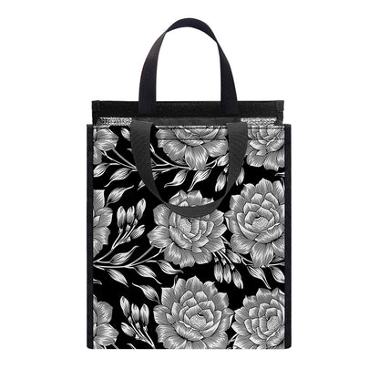 Vintage Black And White Floral Print Insulated Lunch Tote