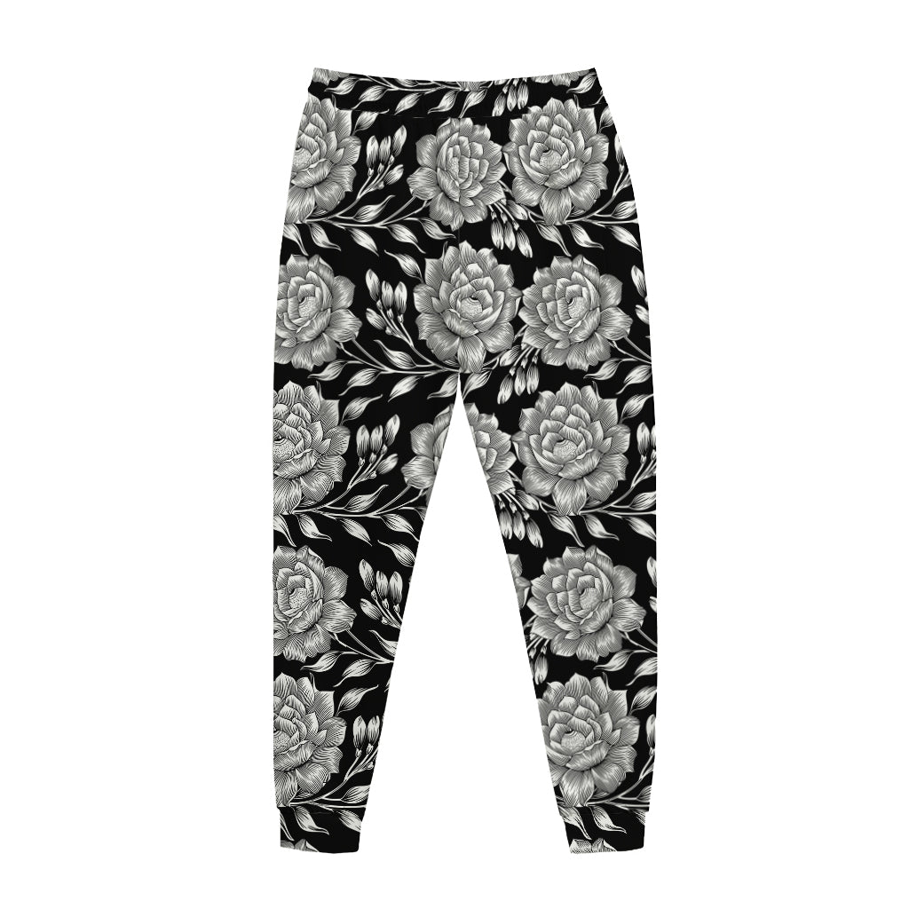 Vintage Black And White Floral Print Jogger Pants