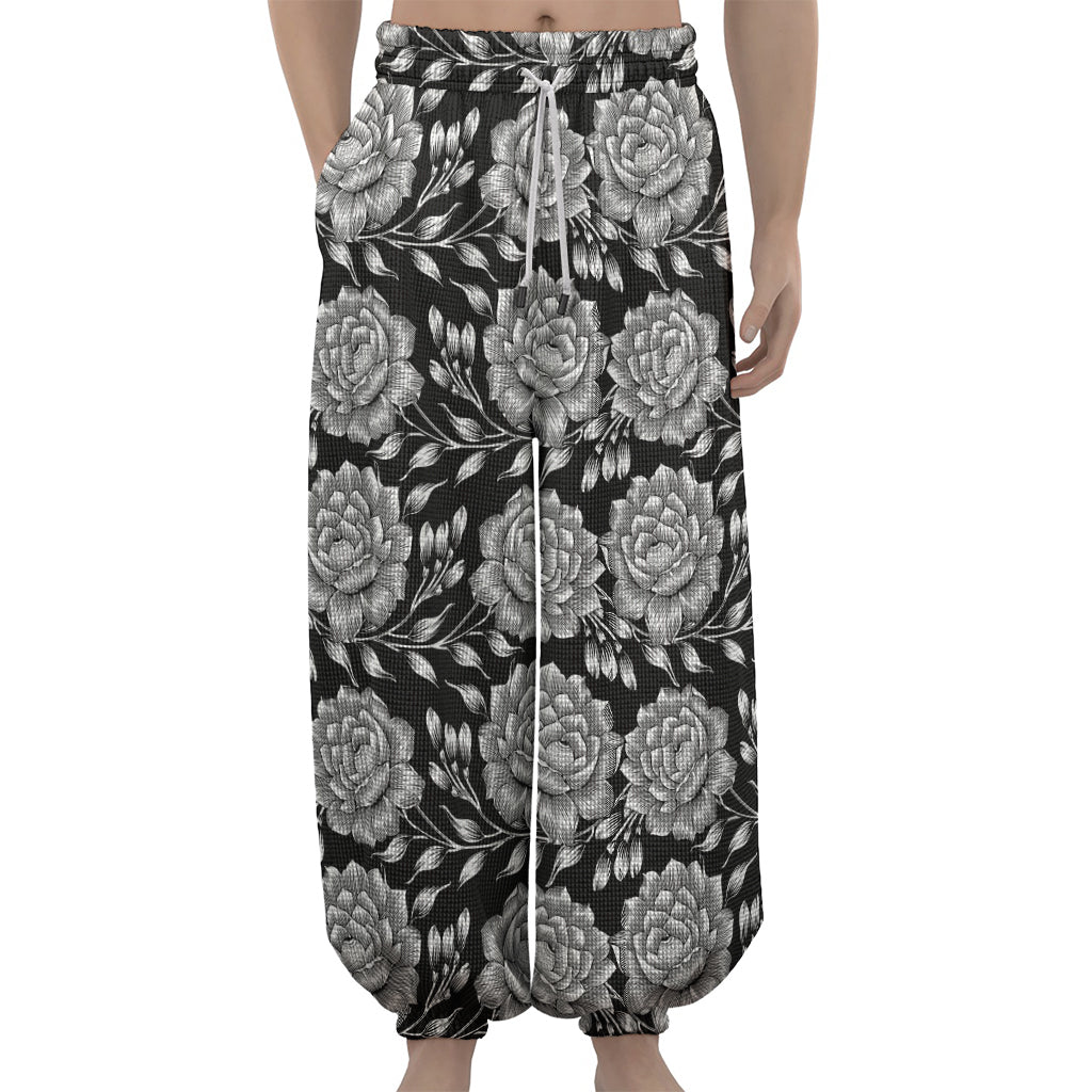 Vintage Black And White Floral Print Lantern Pants
