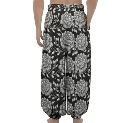 Vintage Black And White Floral Print Lantern Pants