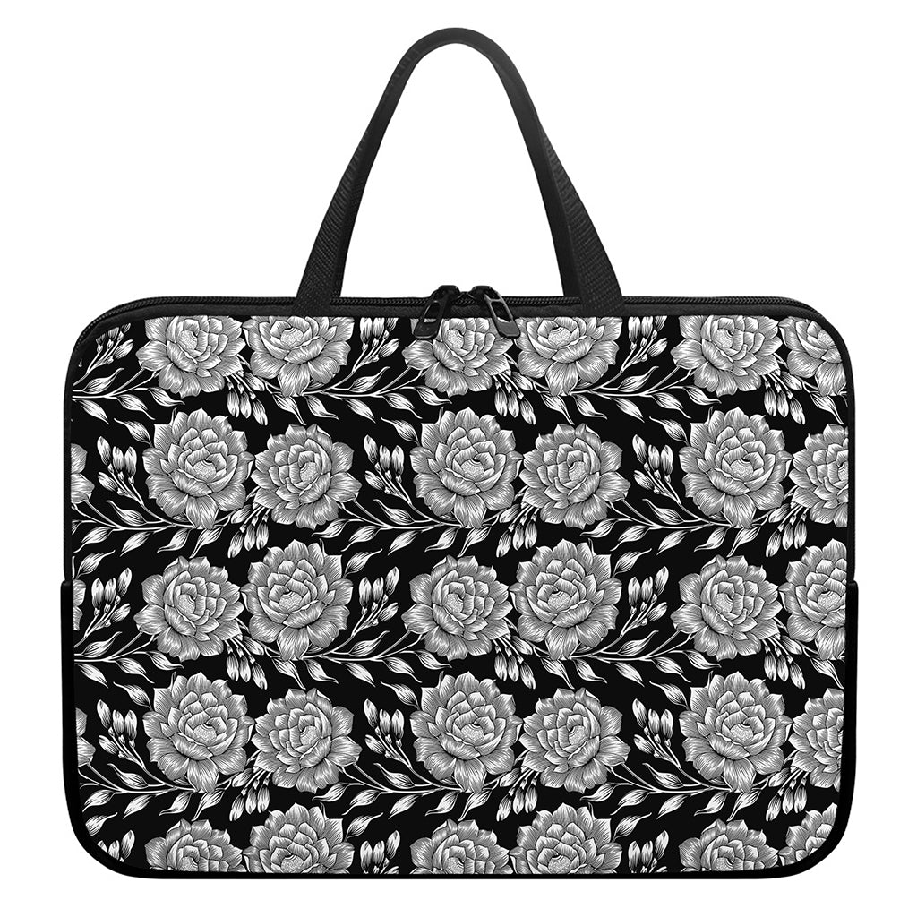 Vintage Black And White Floral Print Laptop Sleeve With Handle