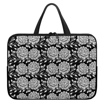 Vintage Black And White Floral Print Laptop Sleeve With Handle