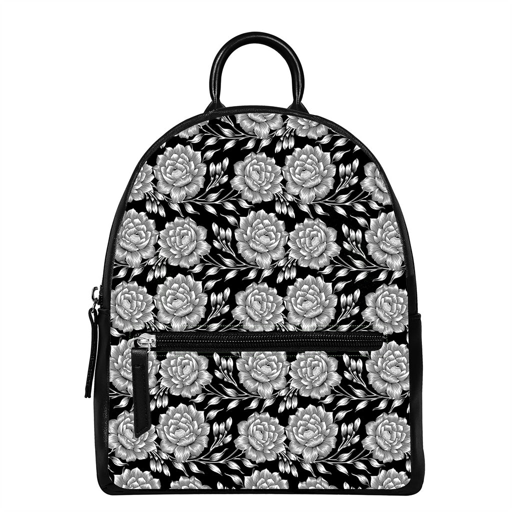 Vintage Black And White Floral Print Leather Backpack