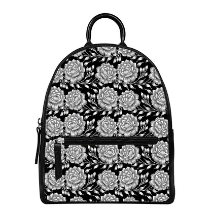 Vintage Black And White Floral Print Leather Backpack