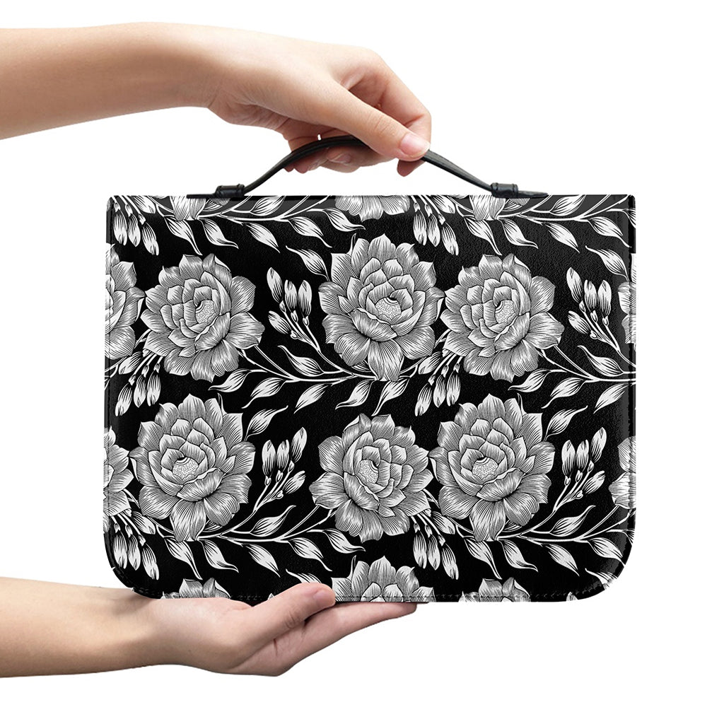 Vintage Black And White Floral Print Leather Bible Cover