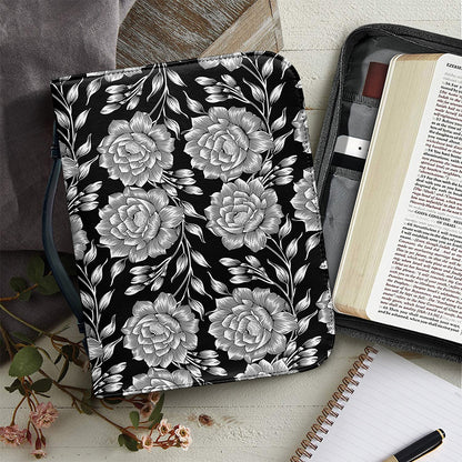 Vintage Black And White Floral Print Leather Bible Cover