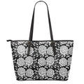 Vintage Black And White Floral Print Leather Tote Bag With Zipper