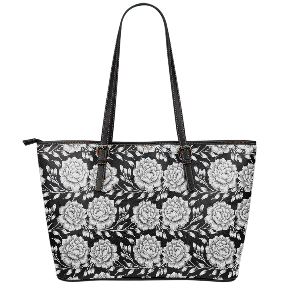 Vintage Black And White Floral Print Leather Tote Bag