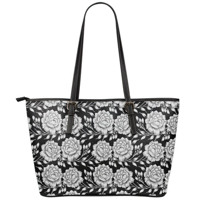 Vintage Black And White Floral Print Leather Tote Bag