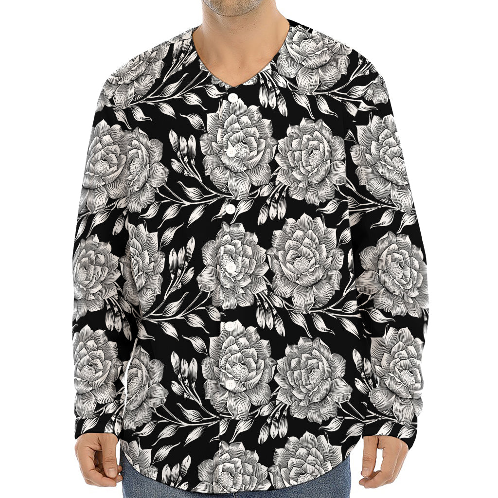 Vintage Black And White Floral Print Long Sleeve Baseball Jersey