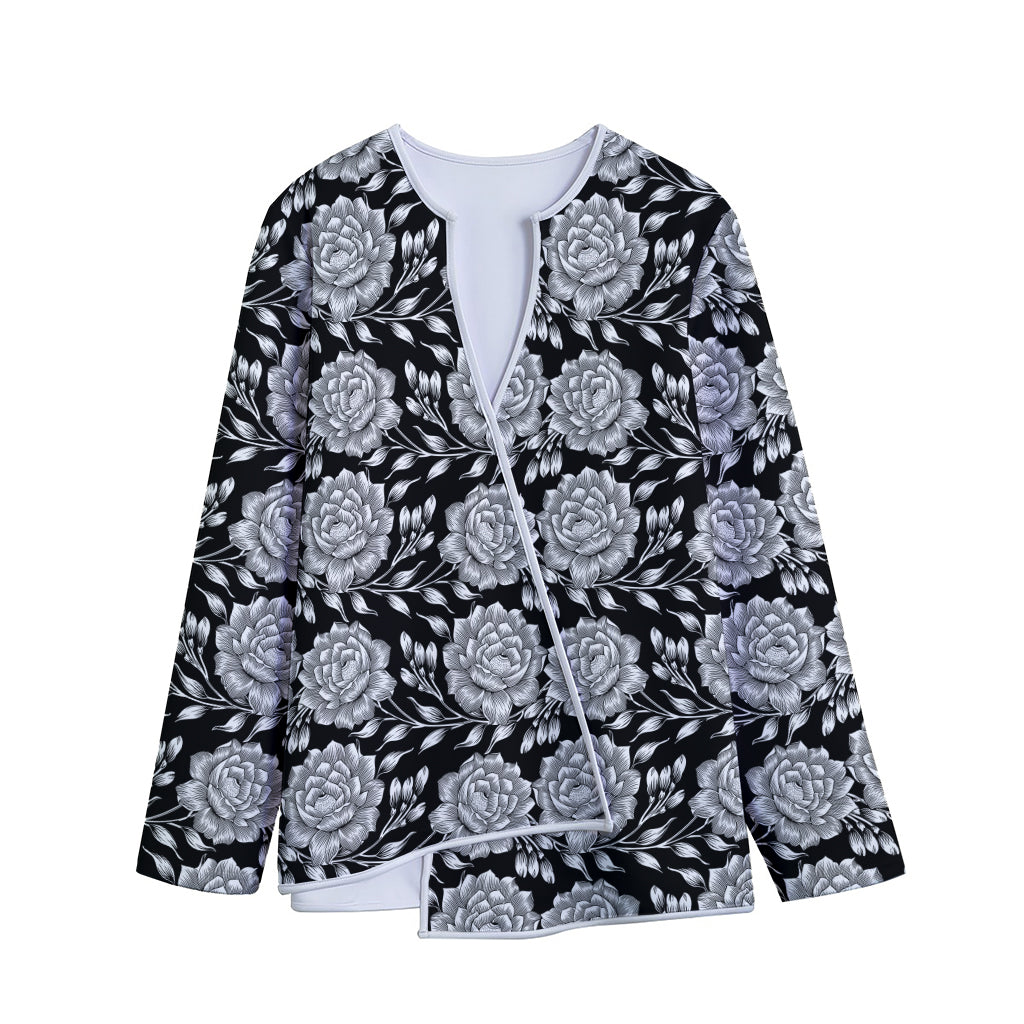 Vintage Black And White Floral Print Long Sleeve Short Coat