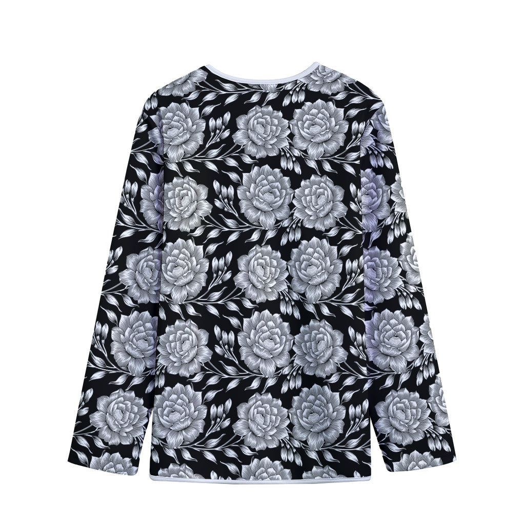 Vintage Black And White Floral Print Long Sleeve Short Coat