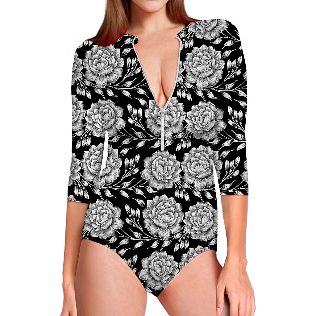 Vintage Black And White Floral Print Long Sleeve Swimsuit