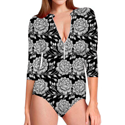 Vintage Black And White Floral Print Long Sleeve Swimsuit