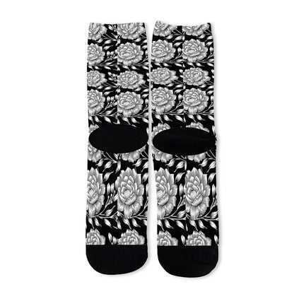Vintage Black And White Floral Print Long Socks