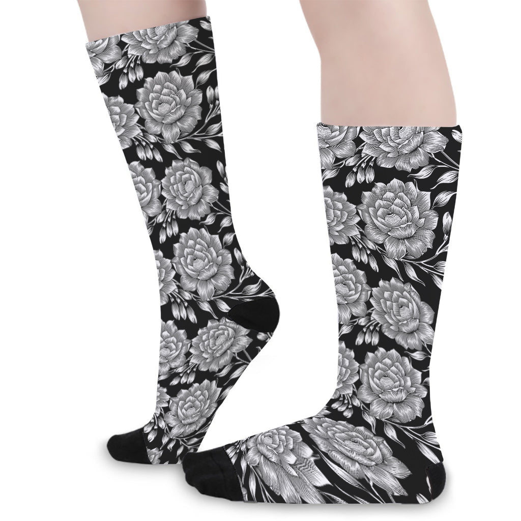 Vintage Black And White Floral Print Long Socks