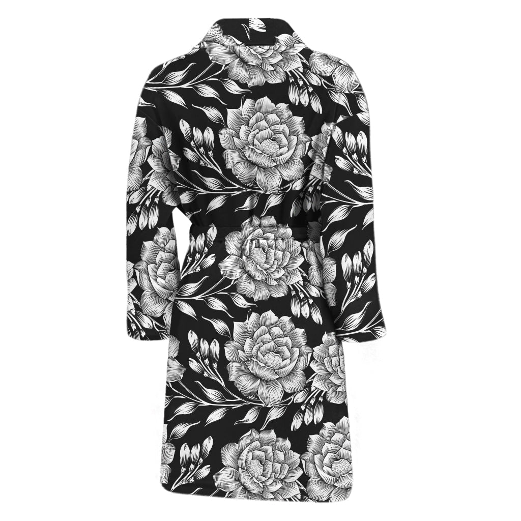 Vintage Black And White Floral Print Men's Bathrobe