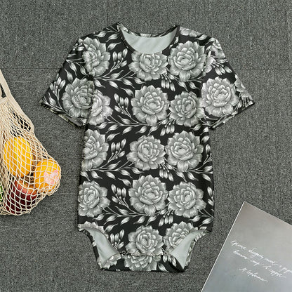 Vintage Black And White Floral Print Men's Bodysuit