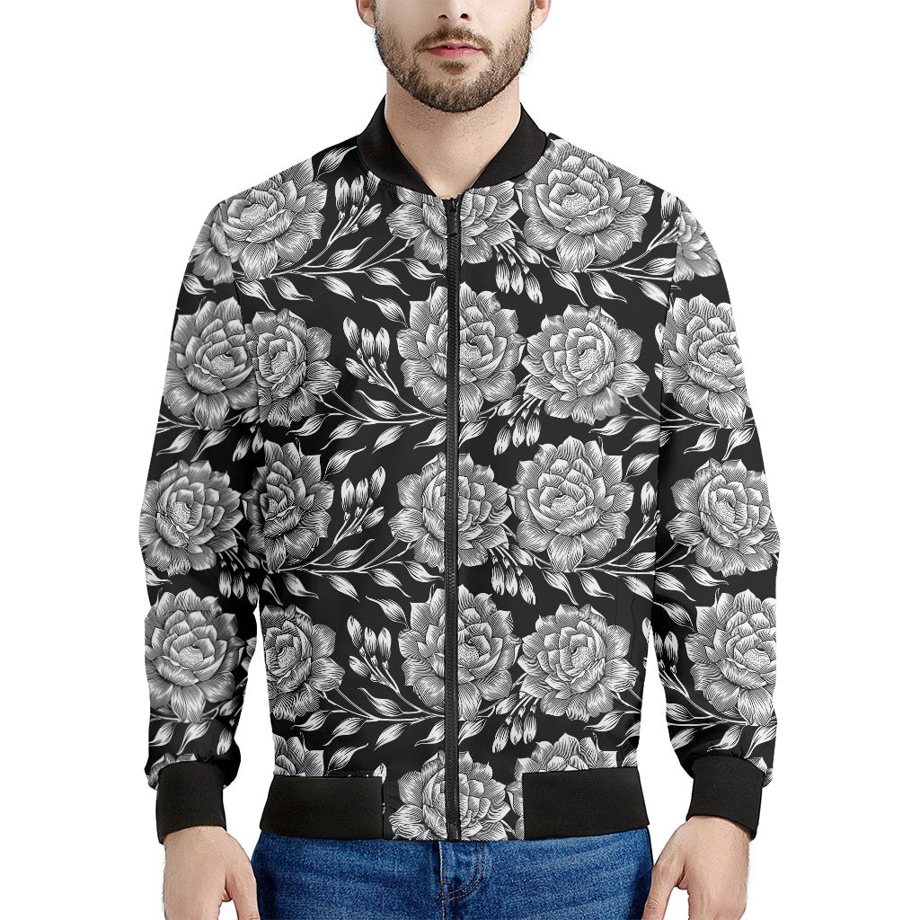 Vintage Black And White Floral Print Men's Bomber Jacket