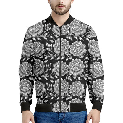 Vintage Black And White Floral Print Men's Bomber Jacket
