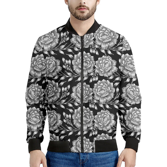 Vintage Black And White Floral Print Men's Bomber Jacket