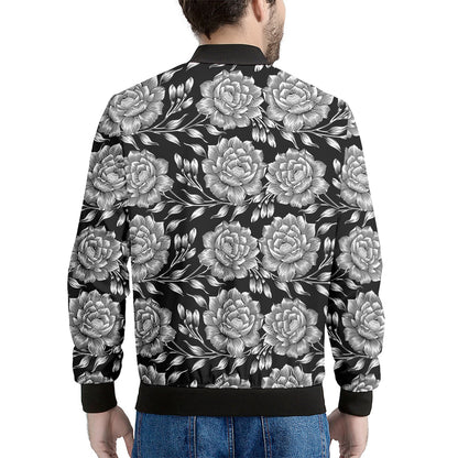 Vintage Black And White Floral Print Men's Bomber Jacket