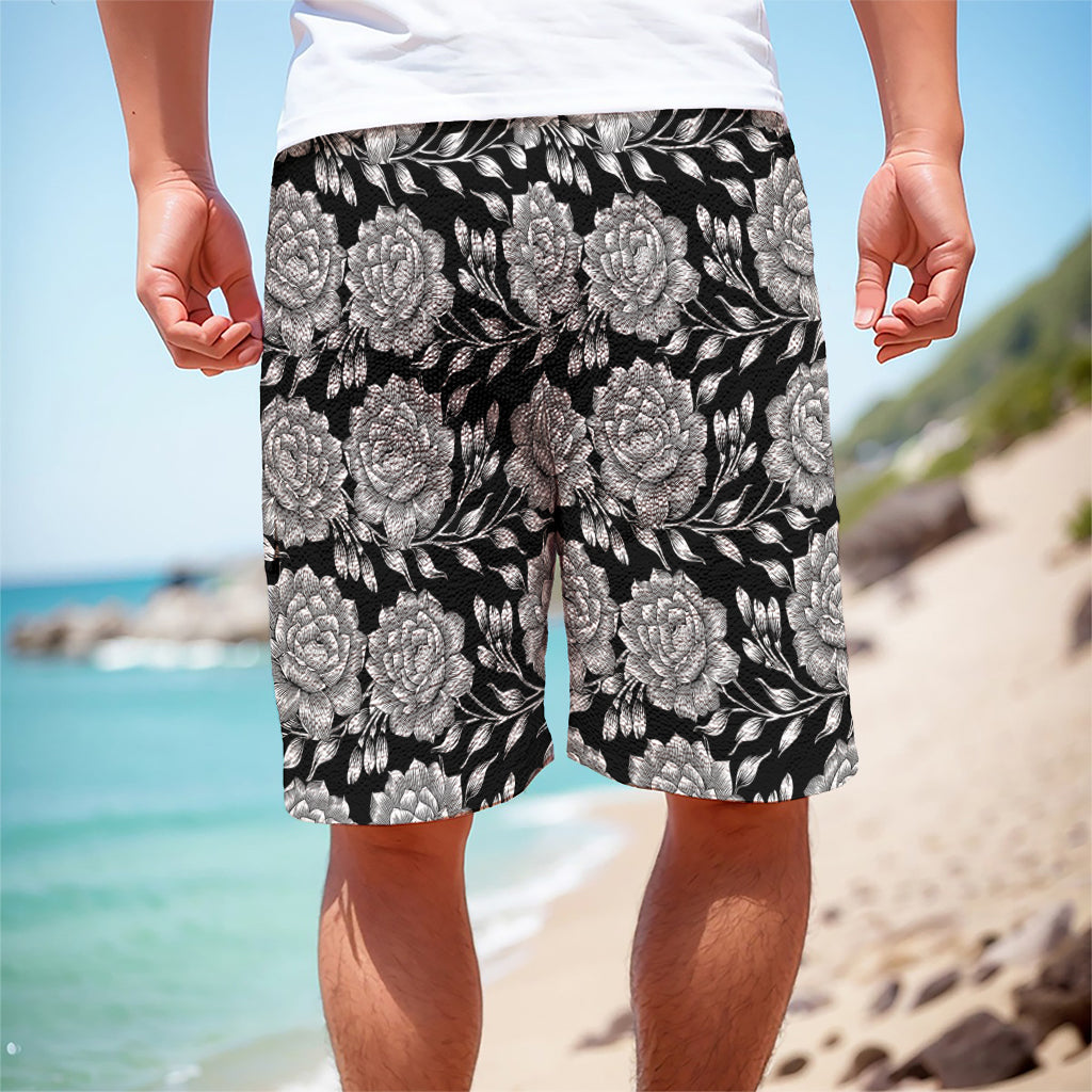 Vintage Black And White Floral Print Men's Cargo Shorts