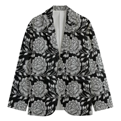 Vintage Black And White Floral Print Men's Cotton Blazer